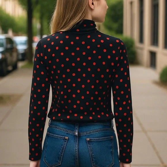 Elegant Black and Red Polka Dot Turtleneck Blouse - Picture 2 of 9